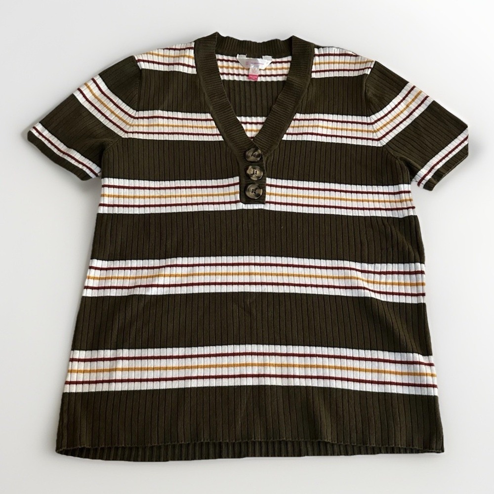 XXL Vintage‎ Y2K Brown Striped Ribbed Henley Top Small Stretch Wood Button S/S